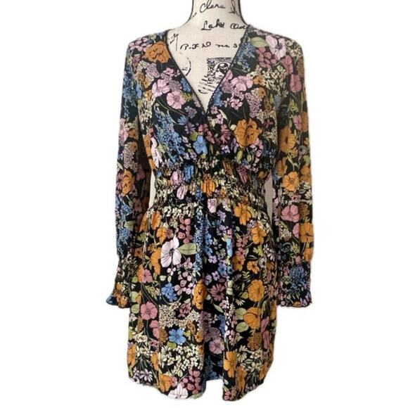 Anthropologie WAYF Dress BLack floral Smocked Fall Sz S Aesthetic Cottage Core - Picture 2 of 16